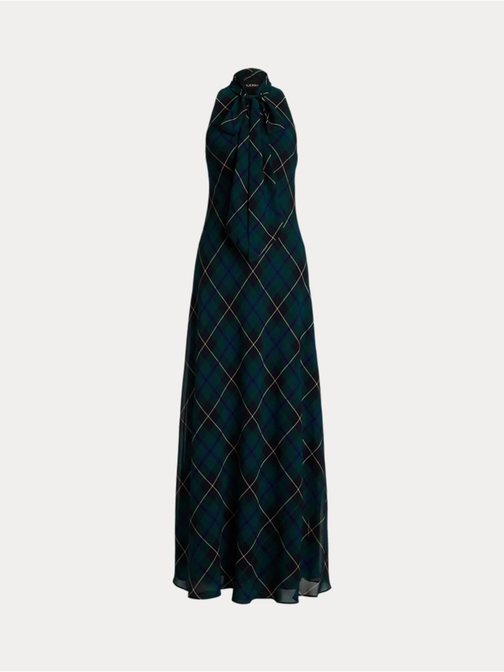NWT Lauren Ralph Lauren Women's Plaid Crinkle Georgette Tie-Neck Gown size 10